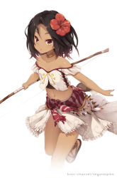 Rule 34 | 1girl, :o, anklet, artist name, bare shoulders, black hair, bow (weapon), brown eyes, choker, collarbone, dark skin, dark-skinned female, flower, funia (koto channel), hair flower, hair ornament, holding, jewelry, koto-channel, looking at viewer, midriff, navel, open mouth, original, sandals, senji (tegone spike), short hair, solo, tail, tan, weapon, white background