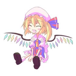 Rule 34 | 1girl, akakage red, animated, animated gif, blonde hair, blouse, collared shirt, fang, female focus, flandre scarlet, hat, lowres, mob cap, red (artist), shirt, socks, solo, touhou, white hat, white shirt, white socks, wings