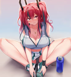 Rule 34 | 1girl, azur lane, bare shoulders, black panties, blush, bottle, bra, bra visible through clothes, breasts, bremerton (azur lane), bremerton (scorching-hot training) (azur lane), cleavage, collarbone, commentary, crop top, crop top overhang, feet together, grey hair, hair between eyes, head tilt, headgear, heart, heart necklace, highres, irohara, jewelry, knees apart feet together, large breasts, long hair, looking at viewer, midriff, mole, mole under eye, multicolored hair, navel piercing, necklace, open mouth, panties, pantyshot, piercing, pink eyes, pink hair, pleated skirt, see-through, shirt, sidelocks, sitting, sketching, skirt, sleeveless, sleeveless shirt, sportswear, spread legs, streaked hair, sweat, tennis uniform, thighs, twintails, two-tone shirt, two-tone skirt, two side up, underwear, upskirt, water bottle, wavy mouth, white skirt