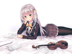 Rule 34 | 1girl, absurdres, bad id, bad pixiv id, black pantyhose, blush, bow (music), closed mouth, collared shirt, commentary request, grey skirt, head on hand, highres, instrument, long hair, long sleeves, looking at viewer, lying, naingnaing, on stomach, orange neckwear, original, pantyhose, pleated skirt, sheet music, shirt, silver hair, skirt, smile, solo, uniform, violin, white shirt