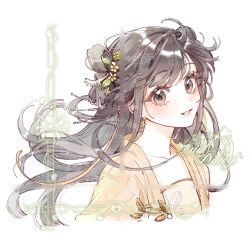 Rule 34 | 1girl, absurdres, bad source, black hair, blush, brown eyes, chinese clothes, chuanhe duanduanzi, duijin ruqun, earrings, flower, hair flower, hair ornament, hanfu, highres, jewelry, long hair, looking at viewer, original, shuangyaji, simple background, smile, solo, upper body, white background