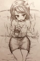 Rule 34 | 1girl, blush, buttons, collared shirt, commentary request, couch, cowboy shot, efukei, holding, monochrome, notice lines, one-hour drawing challenge, open mouth, pencil skirt, shirt, short hair, short sleeves, sitting, skirt, solo, touhou, traditional media, usami renko