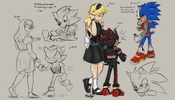 Rule 34 | 1girl, 2boys, aged down, aged up, alternate costume, alternate universe, animal ears, animal nose, bag, black dress, black footwear, black jacket, blonde hair, blush, bottle, closed eyes, closed mouth, commentary, dress, english commentary, english text, fang, full body, furry, furry male, gloves, grey background, grin, handbag, highres, holding, holding bottle, holding hands, jacket, long hair, looking at another, maria robotnik, multiple boys, open mouth, ponyboy (dilfsonic), red footwear, shadow the hedgehog, shoes, shorts, signature, simple background, sitting, smile, soap shoes, socks, sonic (series), sonic the hedgehog, spiked jacket, standing, tail, vest, white gloves, white socks