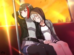 Rule 34 | 2girls, aoba moca, arm up, bang dream!, belt, black hair, black jacket, black legwear, bob cut, closed eyes, commentary request, denim, denim shorts, diffraction spikes, drawstring, dusk, grey hair, grey jacket, grey sweater, hand on own head, head on another&#039;s shoulder, holding hands, jacket, leaning on person, leaning to the side, long sleeves, mitake ran, multicolored hair, multiple girls, nyanmaru (ememing), pantyhose, pantyhose under shorts, red eyes, red hair, ribbed sweater, shirt, short hair, shorts, side-by-side, signature, sitting, sleeping, streaked hair, sweater, train interior, turtleneck, turtleneck sweater, white shirt, window, yuri