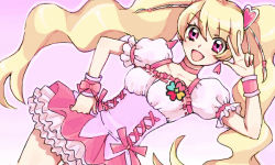 Rule 34 | 00s, 1girl, :d, bad id, bad pixiv id, blonde hair, bow, cure peach, dutch angle, fresh precure!, hair ornament, hand on own hip, heart, heart hair ornament, long hair, mironomeo, momozono love, open mouth, pink background, pink bow, pink eyes, precure, salute, simple background, smile, solo, twintails, two-finger salute, v