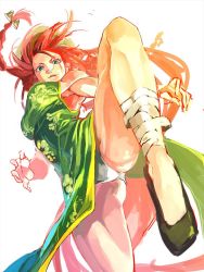 Rule 34 | 1girl, alternate costume, azuki (azuki-taste), bandages, blue eyes, bow, braid, breasts, chinese clothes, dress, from below, green dress, hair bow, hair ornament, hat, highres, hong meiling, large breasts, leg up, long hair, looking at viewer, looking down, md5 mismatch, panties, parted lips, red hair, resized, shoes, simple background, sleeveless, smile, solo, touhou, twin braids, underwear, white background