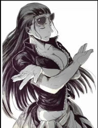 Rule 34 | 1girl, breasts, cleavage, collarbone, crop top, crossed arms, closed eyes, eyewear on head, female focus, glasses, hair slicked back, large breasts, leather vest, crossed legs, long hair, monochrome, navel, nico robin, one piece, open clothes, open shirt, sarong, shirt, short sleeves, solo, sunglasses, unzipped, zipper