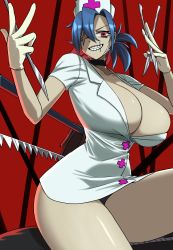 Rule 34 | 1girl, absurdres, blue hair, breasts, choker, cleavage, collarbone, evil grin, evil smile, gloves, grin, hair over one eye, hat, highres, large breasts, latex, latex gloves, nurse cap, ponytail, red background, red eyes, scalpel, scar, scar on face, sitting, skullgirls, smile, solo, thick thighs, thighs, valentine (skullgirls), yutorin kakka