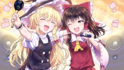 Rule 34 | 2girls, apron, arm up, bare shoulders, black dress, black headwear, blonde hair, bow, braid, breasts, brown hair, buttons, closed mouth, collar, detached sleeves, dress, frills, hair between eyes, hair bow, hair tubes, hakurei reimu, hand on another&#039;s shoulder, hands up, hat, hat bow, highres, instrument, kirisame marisa, kisamu (ksmz), long hair, long sleeves, looking at another, maracas, medium breasts, microphone, multiple girls, music, one eye closed, open mouth, puffy short sleeves, puffy sleeves, red bow, red dress, short hair, short sleeves, singing, single braid, smile, touhou, white apron, white bow, white collar, white sleeves, witch hat, yellow background, yellow eyes, yellow neckwear