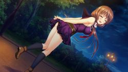 Rule 34 | 1girl, :d, ^ ^, arms behind back, black socks, blush, breasts, brown footwear, brown hair, closed eyes, dress, dutch angle, floating hair, game cg, hair over shoulder, kneehighs, leaning forward, long hair, looking at viewer, looking back, low twintails, medium breasts, muutsuki, night, official art, open mouth, outdoors, purple dress, sailor dress, shirasaki natsu, short dress, sleeveless, sleeveless dress, smile, socks, solo, twintails, unjou no fairy tale, very long hair