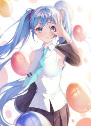 Rule 34 | 1girl, absurdres, balloon, bare shoulders, black skirt, black sleeves, blue eyes, blue hair, blue necktie, blush, breasts, collared shirt, commentary, cowboy shot, detached sleeves, floating hair, hand over eye, hand up, hatsune miku, highres, long hair, looking at viewer, medium breasts, miniskirt, necktie, ok sign, ok sign over eye, pleated skirt, shirt, skirt, sleeveless, sleeveless shirt, smile, solo, thighhighs, tie clip, twintails, very long hair, vocaloid, white shirt, yumyum (f1zanxofm5egszc)