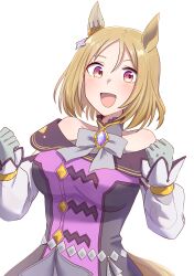 1girl absurdres animal_ears breasts clenched_hands collarbone gloves highres horse_ears horse_girl horse_tail large_breasts looking_at_viewer matsuba_mattsu medium_hair narita_top_road_(umamusume) open_mouth purple_eyes simple_background solo tail umamusume white_background