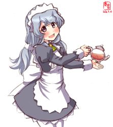 Rule 34 | 1girl, alternate costume, apron, artist logo, braid, commentary request, cowboy shot, dated, dress, enmaided, frilled apron, frills, grey dress, grey eyes, highres, kanon (kurogane knights), kantai collection, long hair, looking at viewer, low twintails, maid, maid apron, maid headdress, pantyhose, puffy sleeves, silver hair, simple background, single braid, smile, solo, teapot, twintails, wavy hair, white apron, white background, white pantyhose, yamagumo (kancolle)