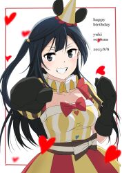 Rule 34 | 1girl, absurdres, birthday, black hair, border, character name, collarbone, commentary, dated, dress, english text, grey eyes, grin, happy birthday, hat, highres, infinity! our wings!!, long hair, looking at viewer, love live!, love live! nijigasaki high school idol club, mittens, one side up, red border, smile, upper body, white background, yellow dress, yokota takumi, yuki setsuna (love live!)