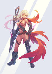 Rule 34 | 1girl, armor, asymmetrical footwear, belt, bigrbear, black gloves, blonde hair, boots, breasts, cape, cleft of venus, full body, gloves, greaves, hand on own hip, highres, holding, legs apart, long hair, looking at viewer, medium breasts, mismatched footwear, navel, nipples, no panties, original, parted lips, pointy ears, pussy, solo, standing, thigh boots, thighhighs, topless, torn cape, torn clothes, very long hair, yellow eyes
