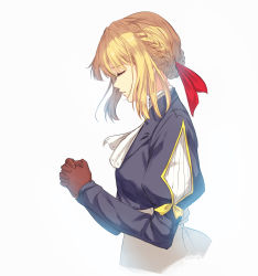 Rule 34 | 1girl, absurdres, aztodio, blonde hair, blue jacket, braid, brown gloves, closed mouth, commentary, english commentary, closed eyes, from side, gloves, hair between eyes, hair intakes, hair ribbon, highres, interlocked fingers, jacket, kyoto animation, praying, red ribbon, ribbon, violet evergarden, violet evergarden (series), white neckwear