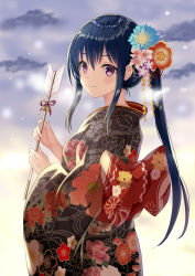 Rule 34 | 1girl, arrow (projectile), bad id, bad pixiv id, bell, black kimono, blue flower, blue hair, blurry, blurry background, blush, bow, cloud, cloudy sky, depth of field, floral print, flower, from side, hair flower, hair ornament, hamaya, harimoji, highres, holding, japanese clothes, jingle bell, kimono, large bow, long hair, long sleeves, looking at viewer, looking to the side, motion blur, obi, original, outdoors, pink flower, print kimono, purple eyes, red bow, red flower, red ribbon, ribbon, sash, sidelocks, sky, snowing, solo, upper body, wide sleeves, yukata