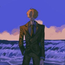 Rule 34 | 1boy, black necktie, blonde hair, closed eyes, closed mouth, cloud, cloudy sky, commentary, curly eyebrows, english commentary, formal, hair over one eye, hand in pocket, herrscherofzs, highres, male focus, necktie, ocean, one eye covered, one piece, outdoors, sanji (one piece), short hair, sky, solo, standing, suit, water