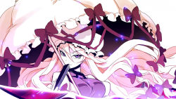 1girl blonde_hair bow dress female_focus gap_(touhou) hair_bow hair_ornament hand_fan hat hat_ribbon joyfull_(terrace) long_hair looking_at_viewer mob_cap parasol puffy_sleeves purple_eyes ribbon simple_background smile solo tabard touhou umbrella upper_body white_background yakumo_yukari