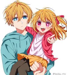 Rule 34 | 1boy, 1girl, :d, aged down, arm on another&#039;s shoulder, black pantyhose, blonde hair, blue eyes, blue hoodie, blush, brother and sister, carrying, child carry, closed mouth, commentary, double-parted bangs, drawstring, fuku (fukufuku 0703), hair between eyes, hair ribbon, highres, holding own wrist, hood, hood down, hoodie, hoshino aquamarine, hoshino ruby, jacket, long bangs, looking at viewer, medium hair, one side up, open clothes, open jacket, open mouth, oshi no ko, pantyhose, pleated skirt, pointing, pointing at viewer, red eyes, red jacket, red ribbon, ribbon, shirt, short hair, siblings, signature, simple background, skirt, smile, star-shaped pupils, star (symbol), swept bangs, symbol-shaped pupils, teeth, twins, twitter username, upper body, upper teeth only, white background, white shirt, yellow skirt