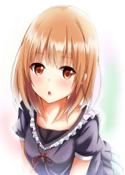 Rule 34 | 1girl, bad id, bad pixiv id, brown eyes, brown hair, collarbone, highres, koinobori (ajc90839), long hair, looking at viewer, neck ribbon, open mouth, original, red ribbon, ribbon, short sleeves, simple background, solo, upper body, white background