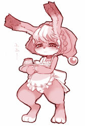 Rule 34 | 1girl, :3, apron, artist request, blush, furry, furry female, hat, hood, myris, naked apron, odin sphere, pooka (odin sphere), rabbit, simple background, solo, standing, thick thighs, thighs, translated, tray, white background