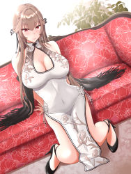 Rule 34 | 1girl, azur lane, bare legs, bare shoulders, black footwear, blonde hair, blush, braid, breasts, china dress, chinese clothes, cleavage, couch, covered navel, dress, hair between eyes, hair ribbon, high heels, highres, long hair, looking at viewer, medium breasts, red eyes, ribbon, shoes, simple background, sitting, smile, solo, swiftsure (azur lane), swiftsure (beauty of white jade) (azur lane), zubi (skylinezb)