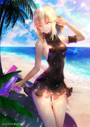 Rule 34 | 10s, 1girl, 2016, armband, artoria pendragon (all), artoria pendragon (alter swimsuit rider) (first ascension) (fate), artoria pendragon (fate), astarone, bare shoulders, beach, black one-piece swimsuit, blue sky, breasts, closed mouth, cloud, cowboy shot, dated, day, eyebrows, fate/stay night, fate (series), frills, frown, hair ribbon, halterneck, hand to head, holding, horizon, lens flare, light particles, looking at viewer, ocean, official alternate costume, one-piece swimsuit, outdoors, palm tree, parted lips, ribbon, saber (fate), saber alter, sideboob, sidelocks, sky, sleeveless, small breasts, solo, sparkle, summer, sunlight, swimsuit, thigh gap, tree, tree shade, trigger discipline, twitter username, water drop, water gun, wet, yellow eyes