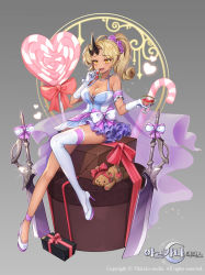 Rule 34 | 1girl, :d, ahoge, alcohol, arm strap, bare legs, bare shoulders, bead necklace, beads, blonde hair, blue dress, blush, bow, box, breasts, candy, candy cane, cherry, cleavage, collarbone, commentary request, company name, copyright request, cup, dark-skinned female, dark skin, dress, drinking glass, earrings, elbow gloves, fang, flower, food, fruit, full body, gift, gift box, gloves, grey background, hair flower, hair ornament, heart, high heels, highres, holding, holding cup, holding food, holding fruit, horns, jewelry, large breasts, lerome, lollipop, long hair, necklace, official art, open mouth, planted, planted sword, planted weapon, pointy ears, ponytail, purple flower, purple rose, red bow, rose, short dress, simple background, single thighhigh, sitting, sleeveless, sleeveless dress, smile, solo, stuffed animal, stuffed toy, sword, teddy bear, thighhighs, weapon, white bow, white footwear, white gloves, white thighhighs, wine, wine glass, yellow eyes