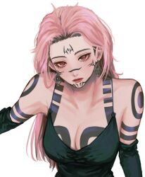 Rule 34 | 1girl, arm tattoo, bare shoulders, black gloves, body markings, breasts, chest tattoo, closed mouth, collarbone, dress, earrings, elbow gloves, eyelashes, facial mark, forehead mark, genderswap, genderswap (mtf), gloves, halterneck, jewelry, jujutsu kaisen, large breasts, lipstick, long hair, looking at viewer, makeup, mesuki peropero, pink hair, red eyes, red lips, ryoumen sukuna (jujutsu kaisen), shoulder tattoo, simple background, sleeveless, sleeveless dress, solo, tattoo, white background