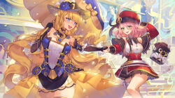 Rule 34 | 2girls, :d, absurdres, bare shoulders, black gloves, blonde hair, blue eyes, blue flower, blue rose, breasts, cabbie hat, charlotte (genshin impact), commentary request, dress, elbow gloves, flower, genshin impact, gloves, green eyes, hat, hat flower, highres, holding, holding hands, holding umbrella, long hair, long sleeves, medium breasts, monocle, multiple girls, navia (genshin impact), open mouth, orange sekaii, pink hair, red headwear, rose, shirt, smile, strapless, strapless dress, suspenders, thighs, umbrella, very long hair, white shirt
