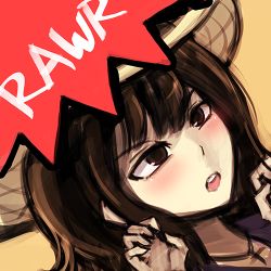Rule 34 | 10s, 1girl, blush, brown hair, claw pose, commentary, dutch angle, english text, gao, hat, iowa (pacific), kantai collection, lowres, lumineko, open mouth, original, pacific (kancolle), portrait, short hair, simple background, solo, sun hat, teeth, upper body, uss iowa (bb-61), yellow background