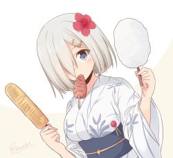 Rule 34 | 1girl, alternate costume, blue eyes, commentary request, corn dog, cotton candy, fried squid, hair ornament, hair over one eye, hairclip, hamakaze (kancolle), highres, japanese clothes, kantai collection, kimono, leaf print, looking at viewer, mouth hold, one-hour drawing challenge, shizuna kaede, short hair, silver hair, solo, upper body, white kimono, yukata