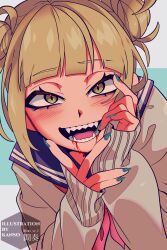 Rule 34 | 1girl, absurdres, aqua background, aqua nails, artist name, blonde hair, blood, blood from mouth, blue sailor collar, blunt bangs, blush, boku no hero academia, brown sweater, commentary request, double bun, fangs, finger to own chin, fingernails, furrowed brow, green eyes, grey background, hair bun, hands up, highres, kansou (kanso 1), long sleeves, looking at viewer, multicolored background, nail polish, neckerchief, open mouth, red neckerchief, sailor collar, sharp fingernails, sharp teeth, short hair, sidelocks, sleeves past wrists, smile, solo, sweater, teeth, toga himiko, tongue, twitter username, two-tone background, upper body