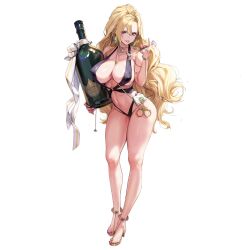 Rule 34 | 1girl, anklet, armlet, bag, bikini, black bikini, blonde hair, bottle, bracelet, breasts, bust cup, chain necklace, cleavage, collarbone, covered erect nipples, cuffs, cup, earrings, full body, gem, glass bottle, gold footwear, hair between eyes, handbag, handcuffs, high heels, highres, holding, holding bottle, holding cup, huge breasts, jewelry, last origin, linea alba, lipstick, long hair, looking at viewer, makeup, nail polish, navel, necklace, o-ring, o-ring bikini, official alternate costume, official art, parted lips, pinkmill, pouring, pouring onto self, purple eyes, purple lips, purple nails, ribbon, sadius of retribution, simple background, sling bikini top, standing, swimsuit, tachi-e, thick thighs, thighs, third-party source, transparent background, v-shaped eyebrows, white ribbon