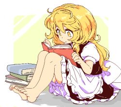 Rule 34 | 1girl, apron, back bow, barefoot, blonde hair, bloomers, book, book focus, book stack, border, bow, braid, closed mouth, expressionless, feet, frilled apron, frills, from side, full body, hair between eyes, hands up, holding, holding book, jaggy lines, kirisame marisa, knees up, large bow, legs together, long hair, looking away, looking down, lowres, maguro (mawaru sushi), no headwear, oekaki, open book, outside border, petticoat, puffy short sleeves, puffy sleeves, reading, rounded corners, shadow, short sleeves, side braid, simple background, single braid, sitting, solo, swept bangs, tareme, toes, touhou, underwear, waist apron, wavy hair, white apron, white bloomers, white border, white bow, yellow background, yellow eyes