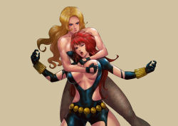 Rule 34 | 2girls, absurdres, black canary, black widow, blonde hair, breasts, catfight, cirenk, dc comics, dinah lance, grabbing, grabbing another&#039;s breast, highres, large breasts, marvel, multiple girls, natasha romanoff, pantyhose, red hair