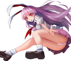 Rule 34 | 1girl, animal ears, ass, bare legs, bobby socks, breasts, cameltoe, dress shirt, finger gun, from below, hako momiji, loafers, long hair, miniskirt, necktie, open mouth, panties, pink hair, pleated skirt, puffy short sleeves, puffy sleeves, purple hair, rabbit ears, red eyes, red necktie, reisen udongein inaba, shirt, shoes, short sleeves, simple background, skirt, small breasts, socks, solo, striped clothes, striped panties, touhou, underwear, upskirt, very long hair, white background, white shirt, white socks