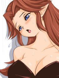 Rule 34 | 1girl, blue eyes, blush, breasts, brown hair, cleavage, large breasts, lips, lipstick, long hair, makeup, malon, nintendo, pointy ears, solo, suegorou (mousou tokkyuu), sweat, the legend of zelda, the legend of zelda: ocarina of time