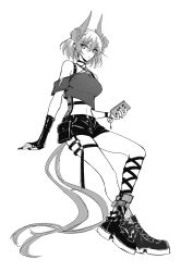 Rule 34 | 1girl, animal ears, arknights, bird ears, bird girl, bird tail, boots, cellphone, contemporary, earclip, fiammetta (arknights), fingerless gloves, full body, gloves, greyscale, hair between eyes, highres, holding, holding phone, jewelry, looking at viewer, luren max, monochrome, multicolored hair, necklace, phone, pouch, short hair, shorts, simple background, smartphone, solo, streaked hair, tail, thigh strap, white background
