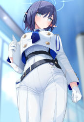 Rule 34 | 1girl, aoi (blue archive), belt, black belt, blue archive, blue eyes, blue hair, blue necktie, blurry, blurry background, buttons, clenched hand, closed mouth, collared jacket, commentary request, covered navel, cropped jacket, double-breasted, expressionless, eyelashes, fed (giba), folder, from below, gloves, hair between eyes, halo, hand up, head tilt, high-waist skirt, highres, holding, holding folder, holster, indoors, jacket, long skirt, long sleeves, looking at viewer, looking down, mole, mole under eye, necktie, parted bangs, pleated skirt, pointy ears, short hair, sidelocks, skirt, solo, standing, thigh holster, white gloves, white jacket, white skirt