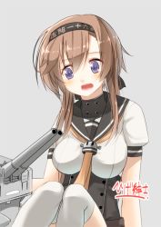 Rule 34 | 10s, 1girl, blush, breasts, brown hair, chou-10cm-hou-chan, female focus, gloves, grey background, hachimaki, headband, higeno shinshi, kantai collection, knees together feet apart, large breasts, legs together, long hair, neckerchief, open mouth, ponytail, purple eyes, school uniform, serafuku, short sleeves, simple background, sitting, skirt, solo, teruzuki (kancolle), thighhighs, white thighhighs
