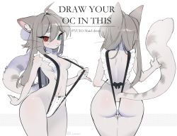 Rule 34 | 1girl, ahoge, animal ear fluff, animal ears, animal hands, animal nose, artist name, ass, back, black bow, black one-piece swimsuit, blush, body fur, bow, breasts, cat ears, cat girl, cat tail, claws, closed mouth, cowboy shot, dated, english text, female focus, frilled one-piece swimsuit, frills, from behind, furry, furry female, green eyes, grey hair, groin, hand up, happy, heterochromia, highres, long hair, looking at viewer, maid, maid one-piece swimsuit, meme attire, multiple views, navel, no eyewear, nose blush, one-piece swimsuit, original, pawpads, red eyes, shiny skin, shy, signature, simple background, slingshot swimsuit, slit pupils, small breasts, smile, snout, sona (yuio58ok), standing, stomach, strap pull, sweat, swimsuit, tail, tail raised, thighs, unconventional maid, whiskers, white background, white fur, wide hips, yuio58ok, yuio maid dress