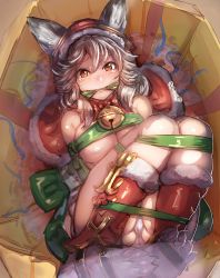 Rule 34 | 10s, 1girl, animal ears, arms behind back, bare shoulders, bdsm, bell, blush, bondage, boots, bound, bound arms, bound legs, bow (bhp), box, breasts, brown eyes, cleavage, ears through headwear, erune, gag, gagged, gift, granblue fantasy, grey hair, hair between eyes, hood, improvised gag, in box, in container, jingle bell, large breasts, long hair, looking at viewer, lying, nose blush, on back, panties, red eyes, red footwear, restrained, ribbon, santa costume, sen (granblue fantasy), solo, tail, tears, underboob, underwear, white panties
