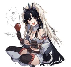 Rule 34 | 1girl, :d, animal ears, arknights, bare shoulders, black gloves, black hair, black thighhighs, chicken leg, commentary request, cosplay, crop top, detached sleeves, dog ears, food, gloves, goma 74umai, highres, holding, holding food, kirin r yato (arknights), kirin r yato (arknights) (cosplay), long sleeves, looking at viewer, midriff, monster hunter (series), navel, open mouth, saga (arknights), simple background, sitting, smile, solo, stomach, thighhighs, white background, yato (arknights)