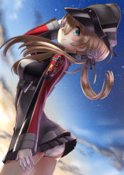 Rule 34 | 10s, 1girl, ass, blonde hair, blue eyes, gloves, gradient background, hair over one eye, hat, kantai collection, long hair, looking at viewer, panties, pleated skirt, prinz eugen (kancolle), rin2008, skirt, sky, smile, solo, twintails, underwear, uniform, white panties
