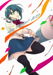 Rule 34 | 1girl, ahoge, aizawa kazuha, assault lily, asymmetrical hair, black thighhighs, blue eyes, blue hair, blue skirt, bow, bowtie, buttons, confetti, dated, dutch angle, foot out of frame, frilled skirt, frills, grey background, hair behind ear, hair ornament, hairclip, hand up, happy birthday, herensuge girls academy school uniform, highres, jacket, jewelry, leg up, light blush, long sleeves, looking away, miniskirt, parted lips, party popper, red bow, red bowtie, ring, school uniform, short hair, skirt, solo, standing, standing on one leg, streamers, sweatdrop, takemiya jin, teeth, thighhighs, upper teeth only, v-shaped eyebrows, white jacket, zettai ryouiki