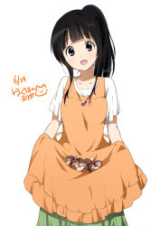 Rule 34 | 10s, 1girl, :d, apron, artist name, black hair, blunt bangs, blush, chitanda eru, commentary request, dated, hyouka, long hair, looking at viewer, mushroom, open mouth, ponytail, purple eyes, ragho no erika, signature, simple background, skirt, skirt basket, smile, solo, white background