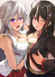 Rule 34 | 2girls, black hair, blush, breast press, breasts, cleavage, closed mouth, double bun, jewelry, kanzaki kureha, large breasts, long hair, looking at viewer, multiple girls, navel, necklace, one eye closed, open mouth, original, purple eyes, red eyes, smile, symmetrical docking, tongue, tongue out, white hair