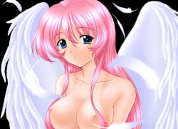 Rule 34 | 1girl, angel, blue eyes, breasts, koutetsu tenshi kurumi, kurumi (koutetsu tenshi kurumi), long hair, medium breasts, nipples, nude, pink hair, solo, wings